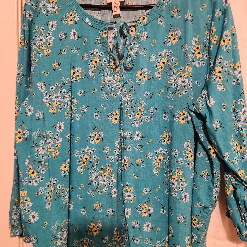 Lightweight Teal Floral Tie-Neck Long Sleeves Cotton/rayon Women’s Top XL